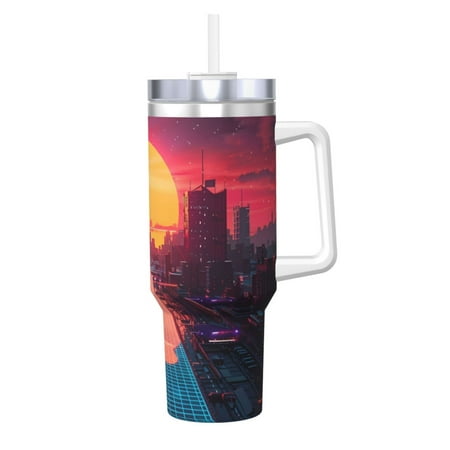 

KLL Neon Sunset Cyberpunk Cityscape Print 40oz Stainless Steel Insulated Car Cup Coffee Mug with Spillproof Lid - Keep Your Drink Hot or Cold on the Go