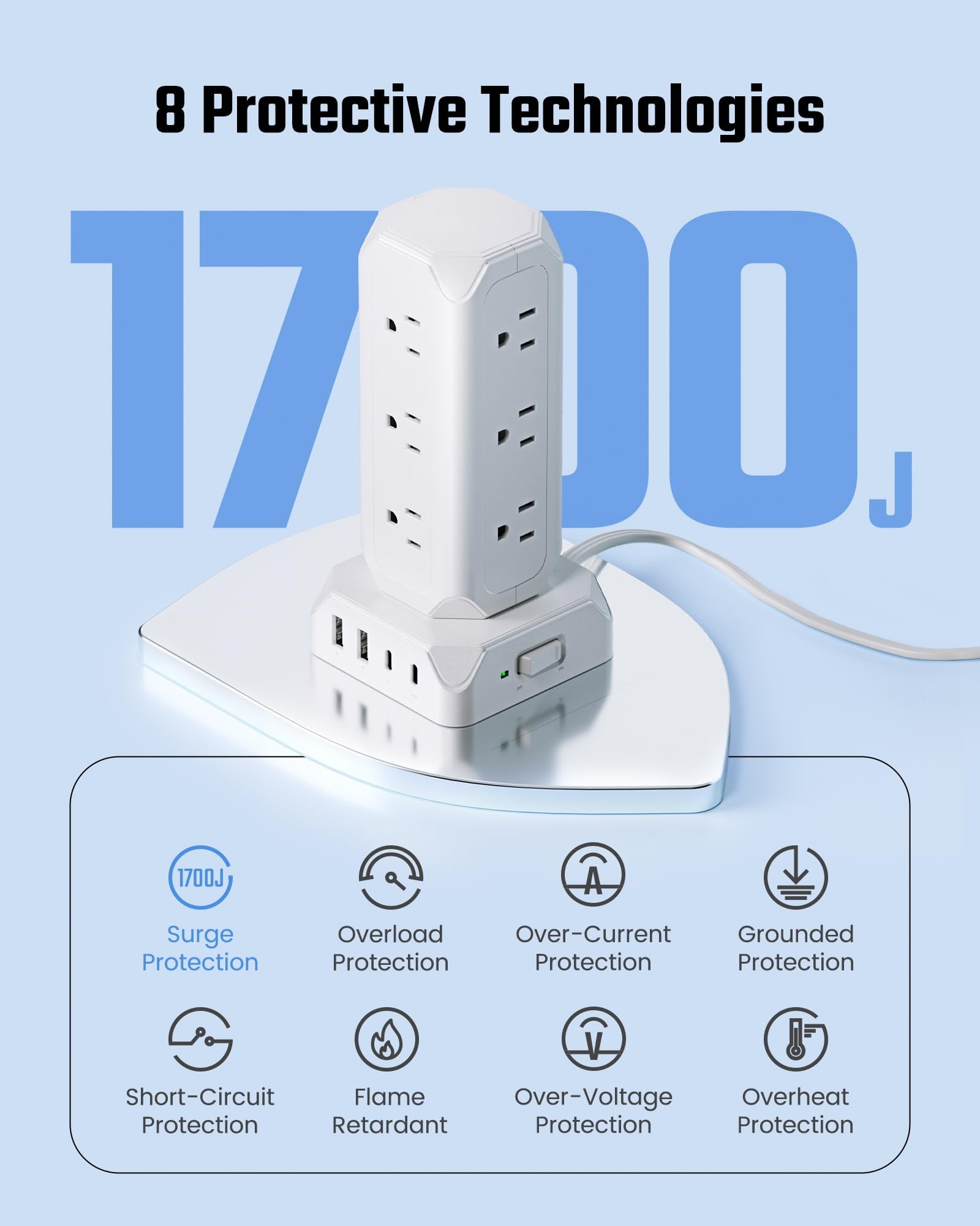 KOOSOM Power Strip Tower, 12 Outlets, 4 USB Ports Charging Station, 1700 Joule Surge Protection, 6.5ft Flat Plug Extension Cord, Multi Charger Station for Home, Office, Dorm