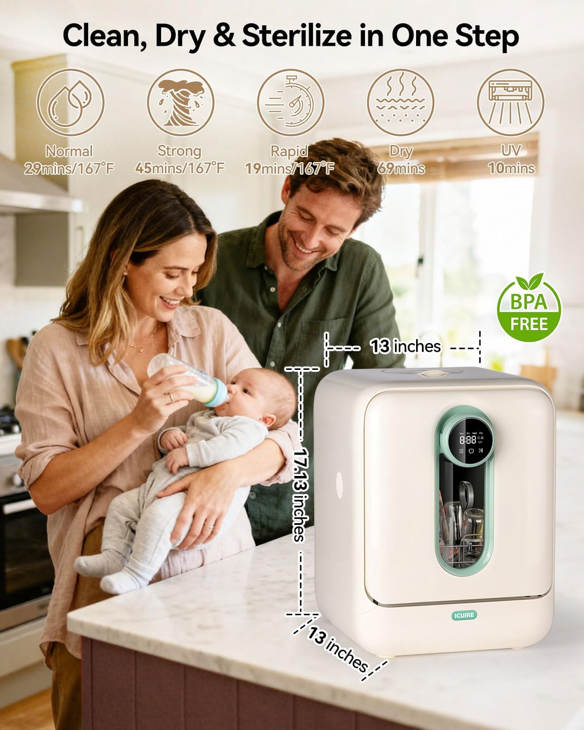 Baby Bottle Washer and Sterilizer and Dryer, 131-167°F High Temperature Sterilize for Baby Stuff, 3.2L Water Tank to Clean Bottles, Pump Part &Pacifiers&Bowl, Newborn Parents One-Hand Operation