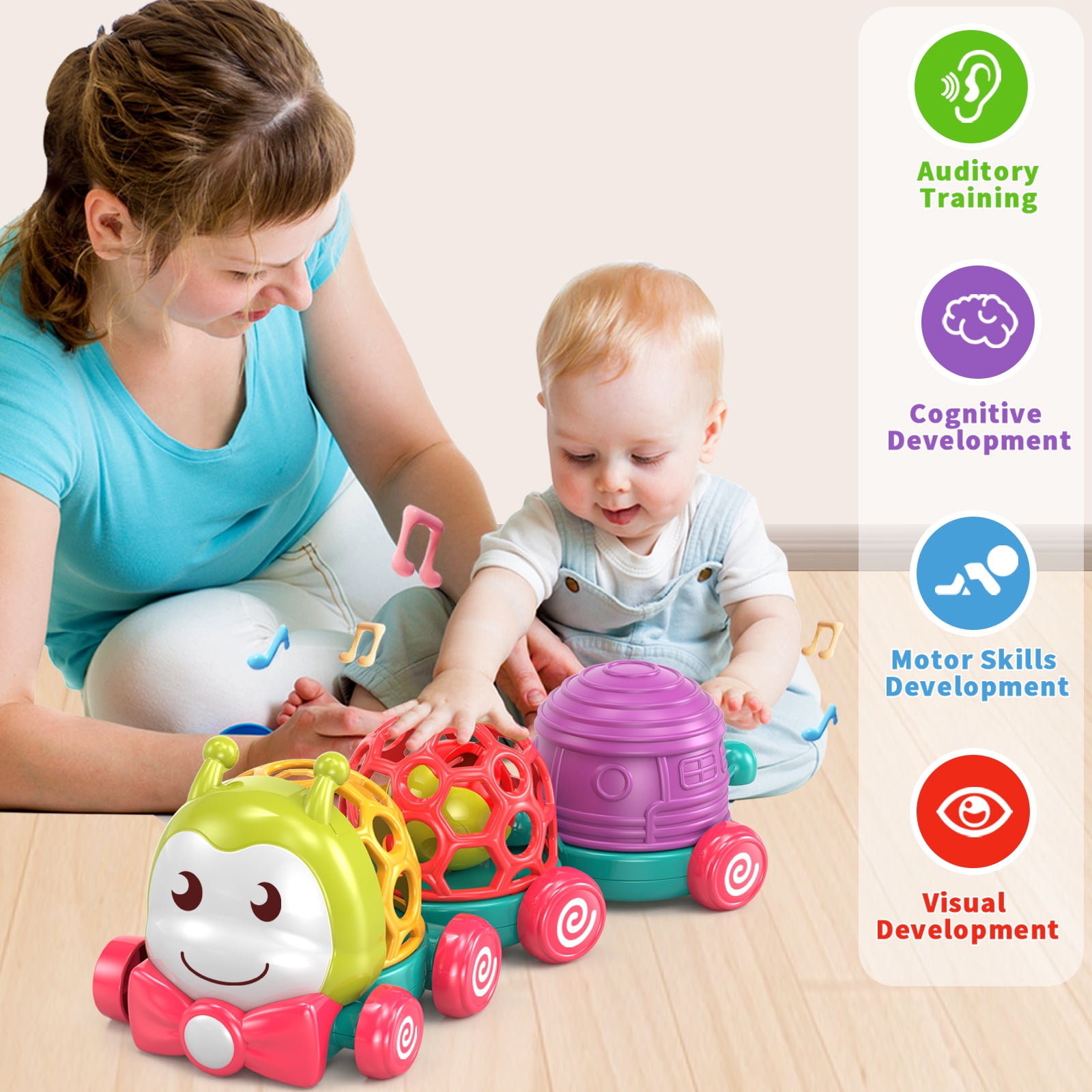 Wanonoo Caterpillar Car Toys for Babies 6-12 Months Infant Musical Push & Go Crawling Toy for Toddler Sensory Soft Developmental Grasp Baby Toy Car for 7 8 9 10 11 18 Month 1 Year Old Boys Girls Gift