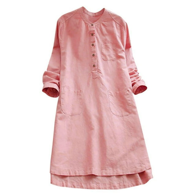 Innerwin A-Line Dresses Crew Neck Ladies Midi Dress Party Long Sleeve Loose Pink XL