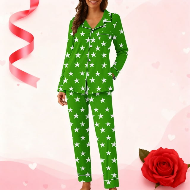 Pijama informal de manga larga con estampado para mujer, traje de pijama con solapa holgada y bolsillo con botones, top y pantalones de poliéster.