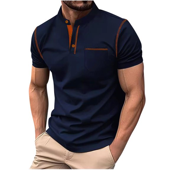 fheaev summer tank tops for men Men's Patchwork Button-Up Short Sleeve Stand Collar Top Stand Collar Top/Shirt