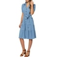 thumbnail image 4 of Allegra K Women's Summer Chambray Shirt DressTie Waist Western V Neck Denim Midi Dresses, 4 of 5
