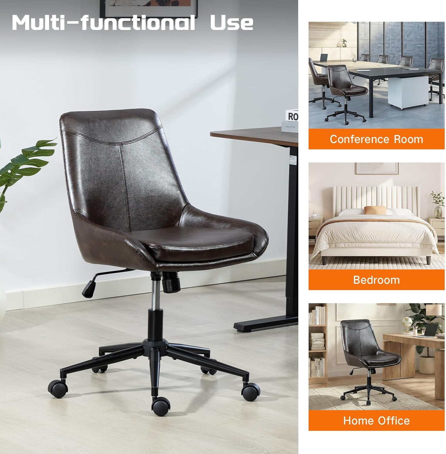 Faux Leather Home Office Chair，Comfortable Armless Task Chair Swivel Rolling Adjustable Height Home Office