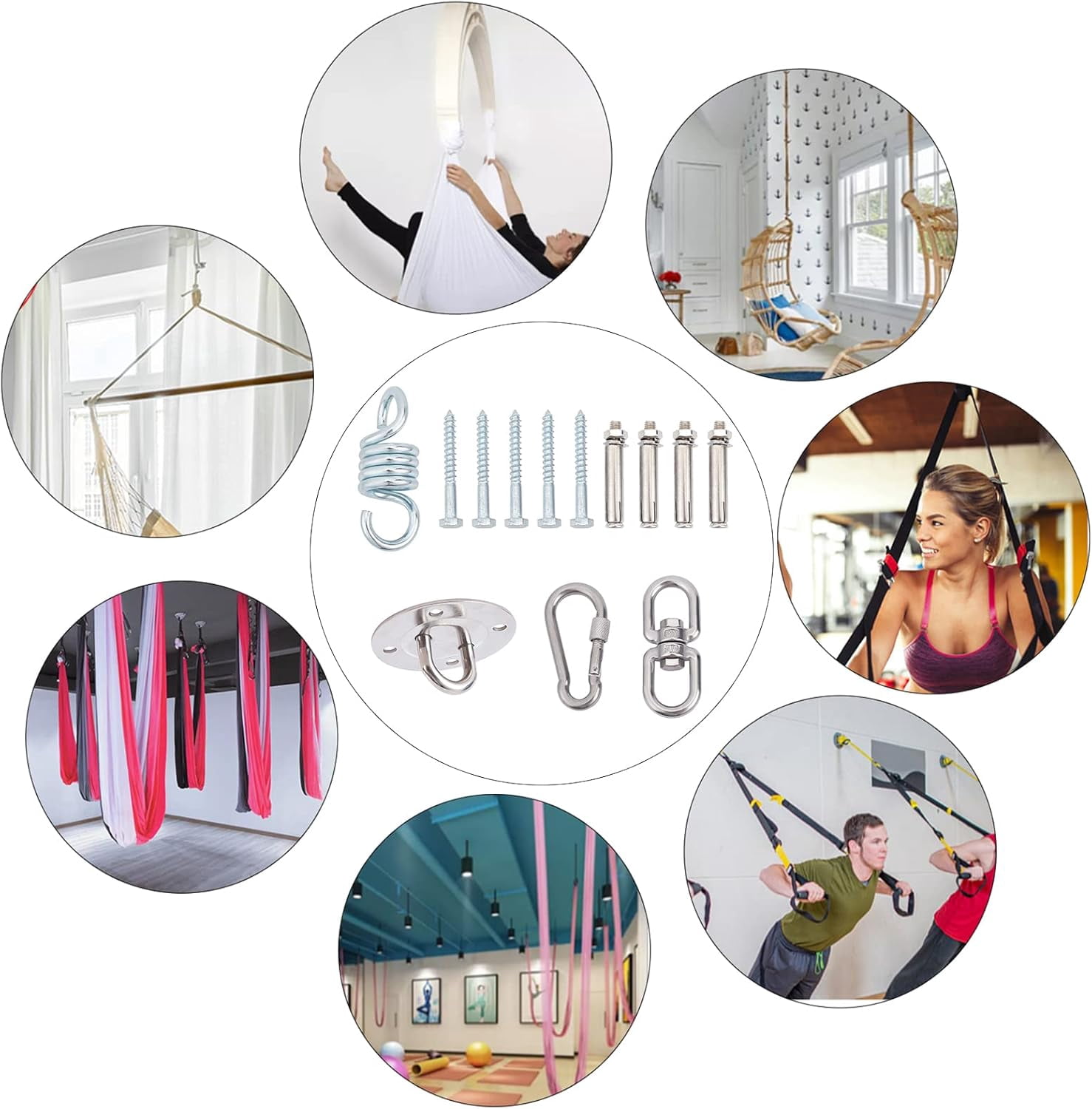 1 Set Heavy Duty Swing Hangers Set 304 Stainless Steel Swing Hardware Hooks Yoga Hooks 360° Rotate with Spring Clasps and Screws for Concrete Wooden Sets Playground Porch Seat Trapeze Yoga Hammock