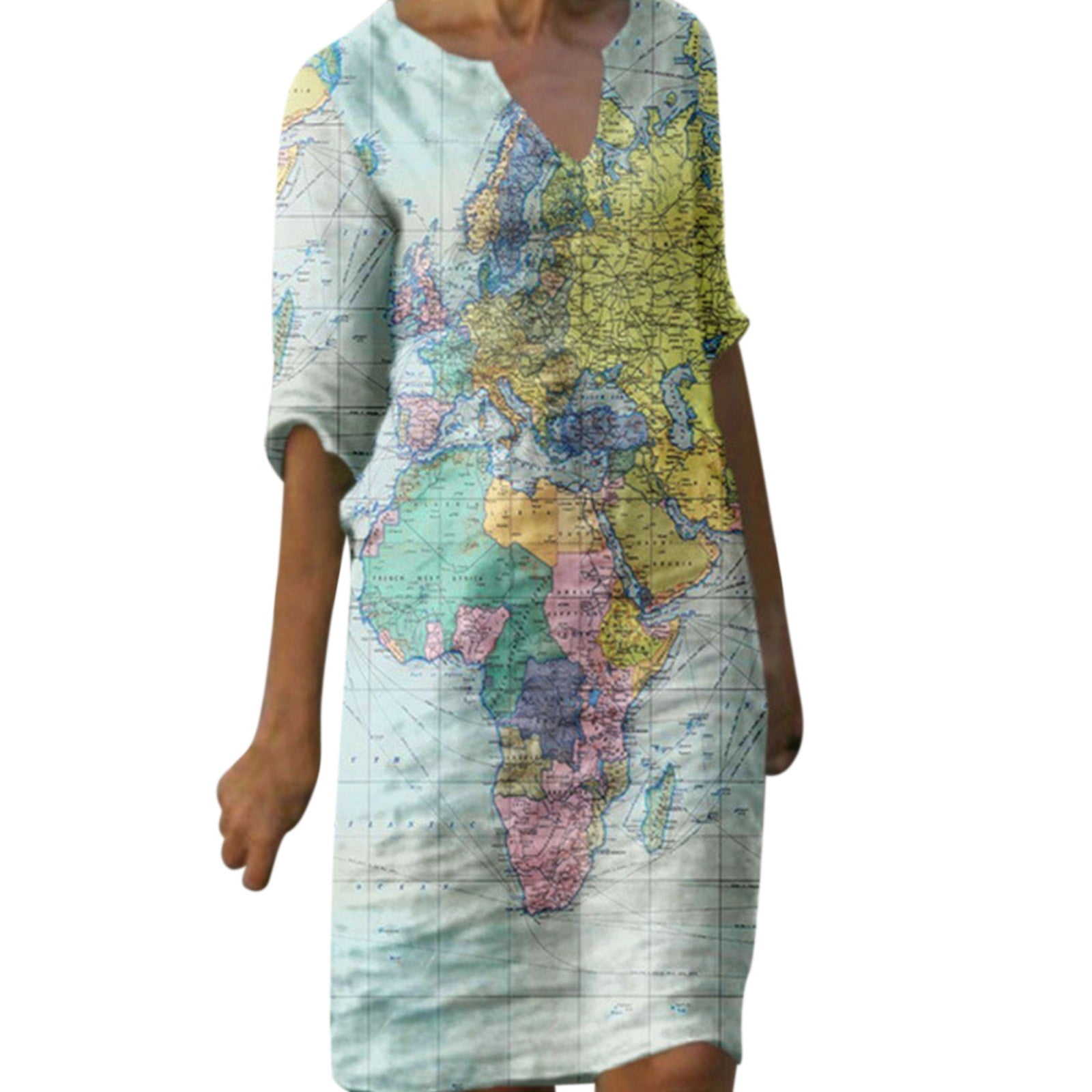 QYZEU Igenjun Womens Long Sleeve Button Tunic Winery Dress Women Casual  Fashion Dress Map Print Half Sleeve Retro Elegant Dresses V-Neck Pullover  Fashion Casual Dress - Walmart.com