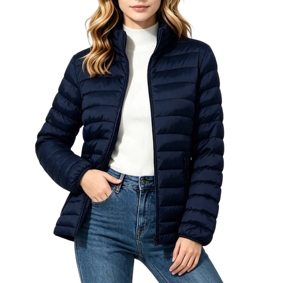Enjoytime Puffer Jacket Womens Stand Collar Long Sleeve Zip Up Quilted Coat Fall Winter Fashion Lightweight Warm Outerwear