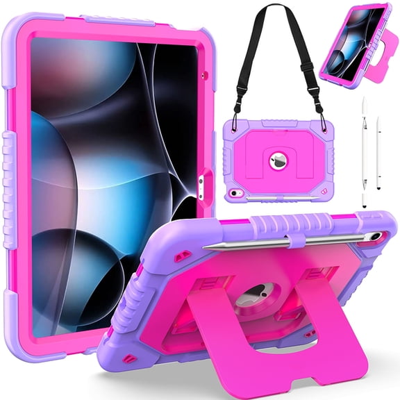 Rugged Case for Apple iPad A16 11th Gen 2025 11 Inch/ 10th Gen 2022 10.9", with Stylus Pen & Shoulder Strap Vertical Stand Kids Friendly Bumper Cover, Purple