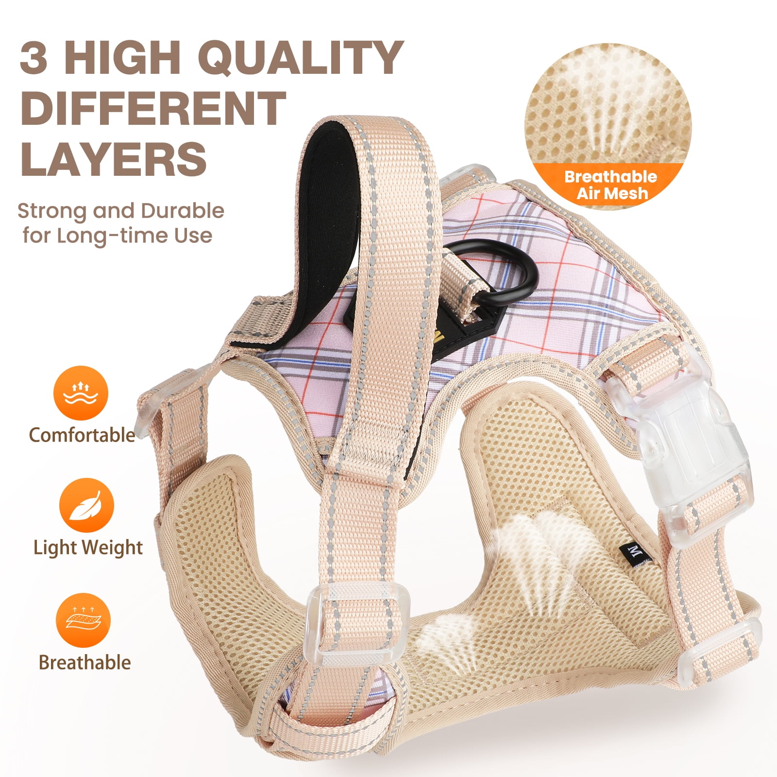 MASBRILL No Pull Dog Harness Reflective Dog Vest Harness with Handle , Breathable Padded Dog Chest Harness Adjustable for Small Dog,New Striped-Beige