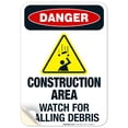 thumbnail image 1 of Construction Area Watch For Falling Debris Sign, OSHA Danger Sign, 10x7 Vinyl Sticker, 1 of 1