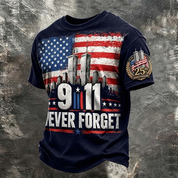 Xneal 911 25th Anniversary T-Shirt Never Forget 911 Casual Short Sleeve Print Navy Shirts for Men Size 2XL