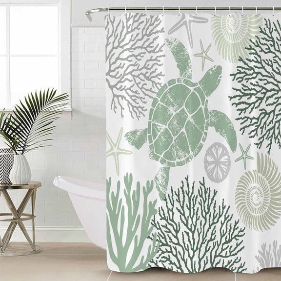 Sage Green Coastal Turtle Shower Curtain Set, Waterproof Shower Curtains for Bathroom, Ocean Coral Nautical Washable Fabric Cloth Bath Curtain for Bathtub Decoration with Hooks 72x78 Inches