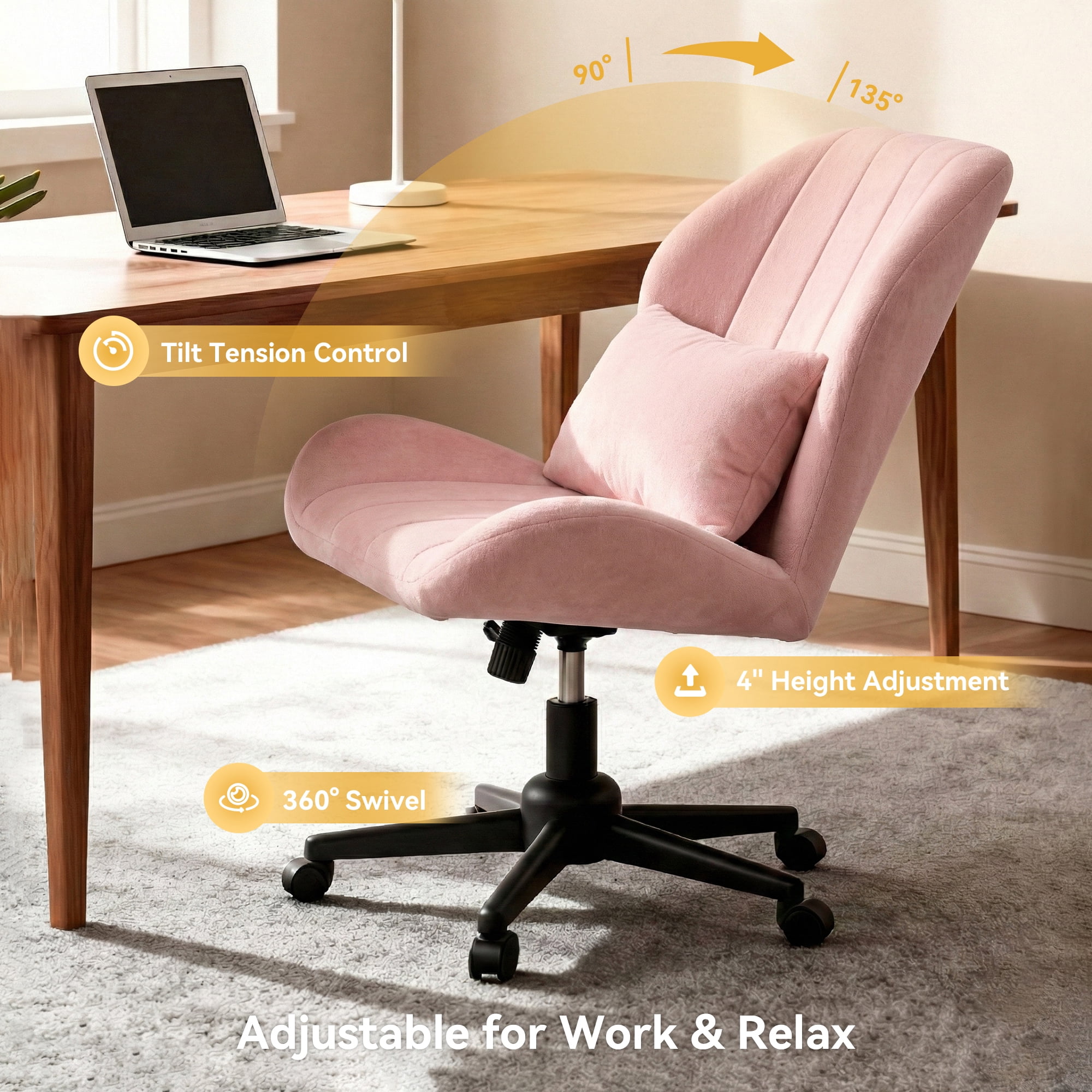 YIKEMA High Back Armless Rolling Office Chair, Wide Ergonomic Seat, Pink