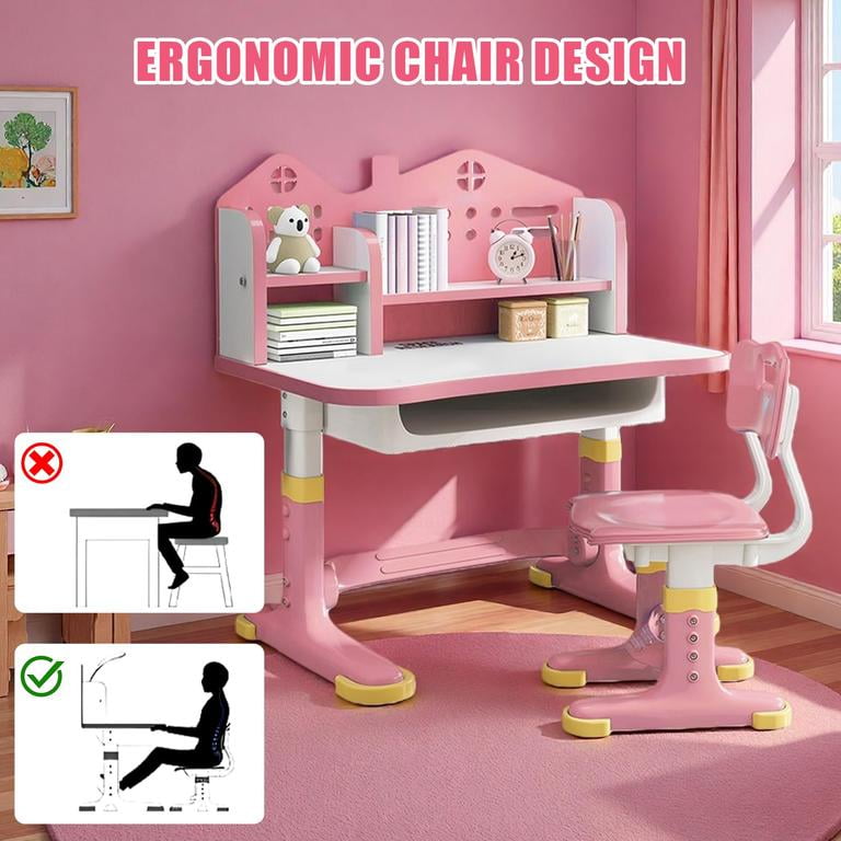 YNCE Kids Desk and Chair Set Adjustable School Study Desk with Castle Backboard, Wide Tabletop, Bookstand & Storage Drawer for Children's Room