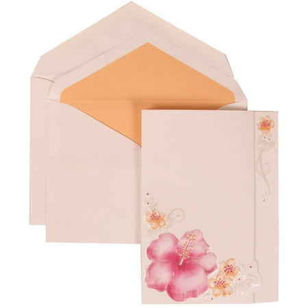 JAM Paper Wedding Invitation Set, Large, 5 1/2 x 7 3/4, White Card with Pale Orange Lined Envelope and Pink Flower Set, 50/pack