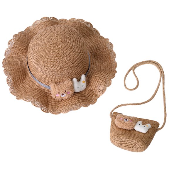 56-58cm hat circumference women's summer sun hat travel beach hat sunscreen hat straw hat big brimmed hat and straw bag set - Khaki