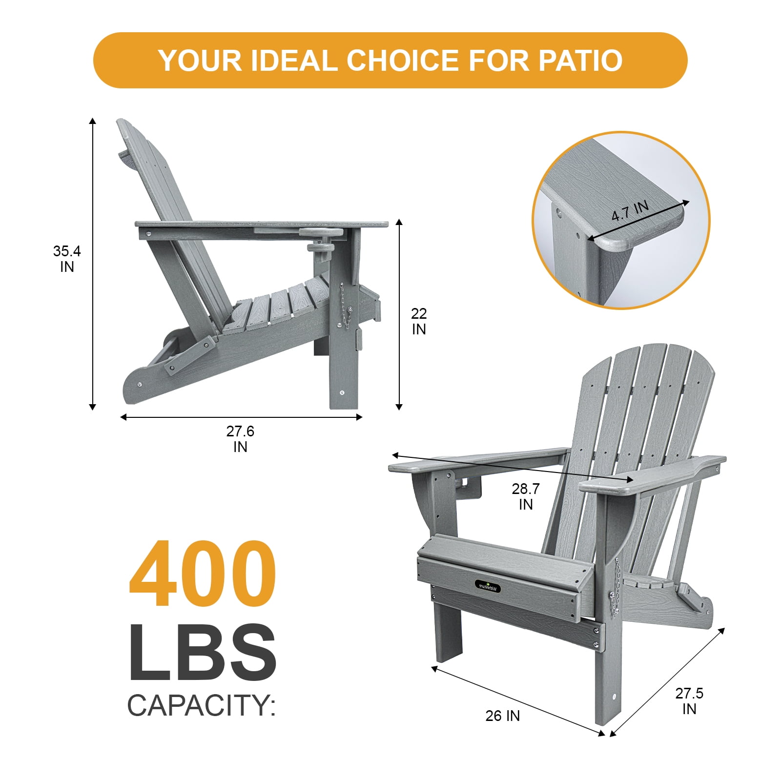 Withniture Folding Adirondack Chair, All-Weather HDPE Patio Chair with Cup Holder, Fire Pit Chair for Patio Lawn Garden Backyard Deck,Grey