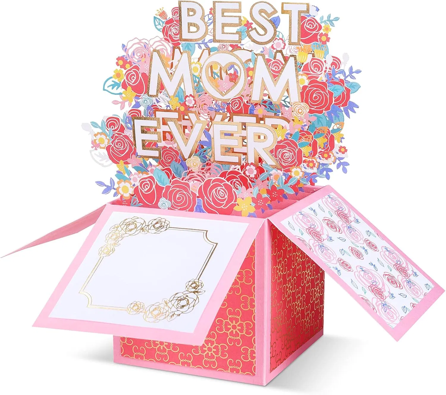 Pink 3D Pop-Up Mother’s Day Card, Best Mom Ever Flower Greeting Card with Envelope & Notecard for Mom Birthday