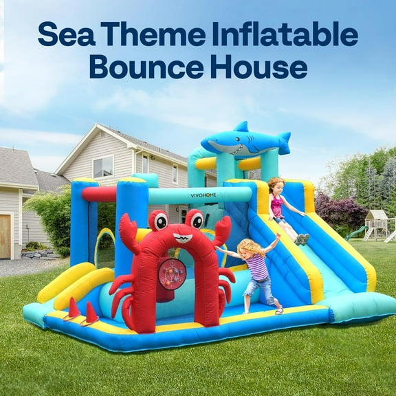 SPECSTAR 7 in 1 Inflatable Bounce House for Kids, Sea Theme Inflatable Bounce House with Slide, Bouncy Castle with Blower for Outdoor, Basketball, Climb, Jump Area, Ball, Water Pool, Hoop