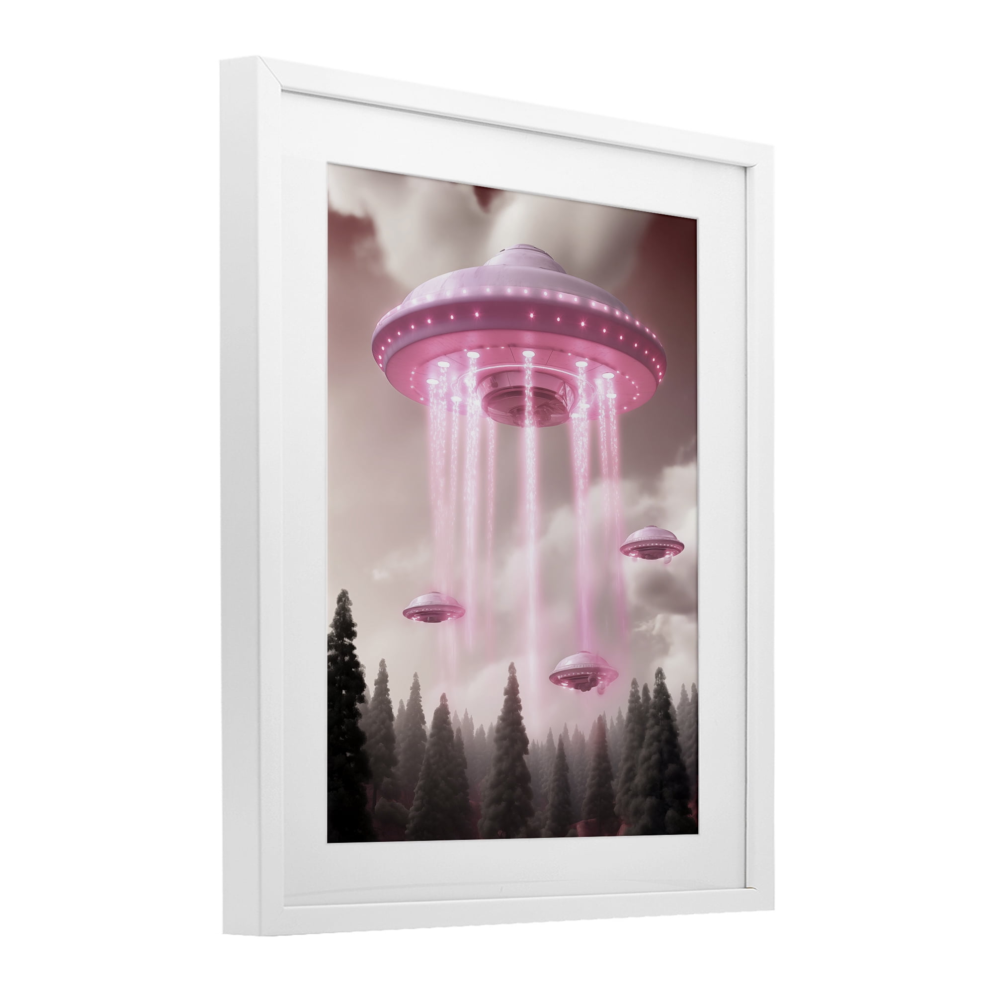 Glam UFO with Pink Beams White Framed Print Under Glass, design by Sasha