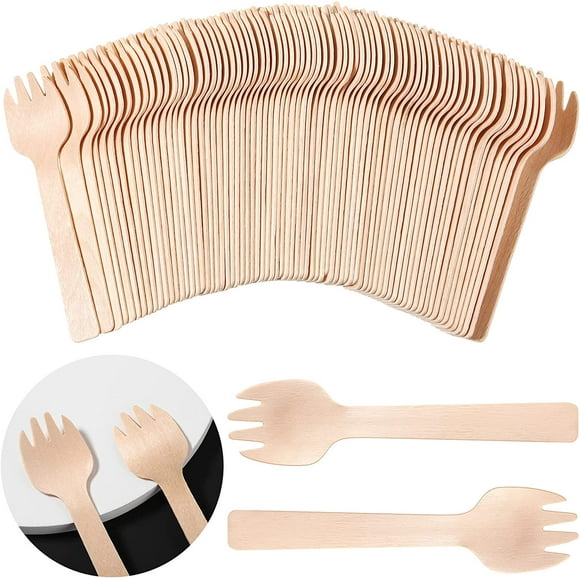 Honoson 300 Pcs Fourchettes en Bois Jetables Petites Fourchettes d'Apéritif en Vrac Couverts Mini Ustensiles Fourchette à Gâteau pour Fournitures de Carnaval Fête d'Anniversaire, 4 Pouces