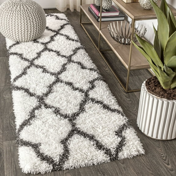 JONATHAN Y ALASKA SHAG 2 x 8 Runner Rug, Marrakesh Trellis - Ivory/Charcoal, ALA100A-28