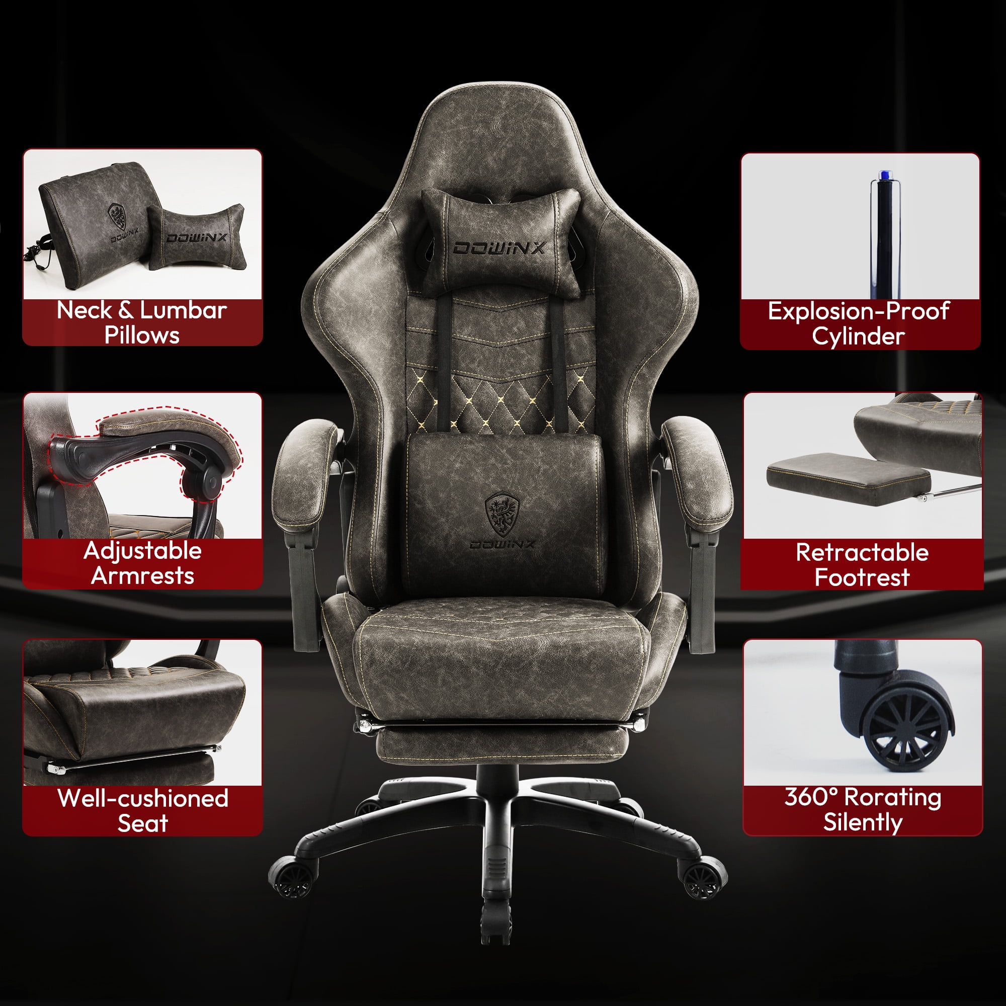GOOSEA Big and Tall Gaming Chair with Footrest, Ergonomic High Back Office Computer Chair, Adjustable Massage Lumbar Support, PU Leather for Adults, 350Lbs, Brown
