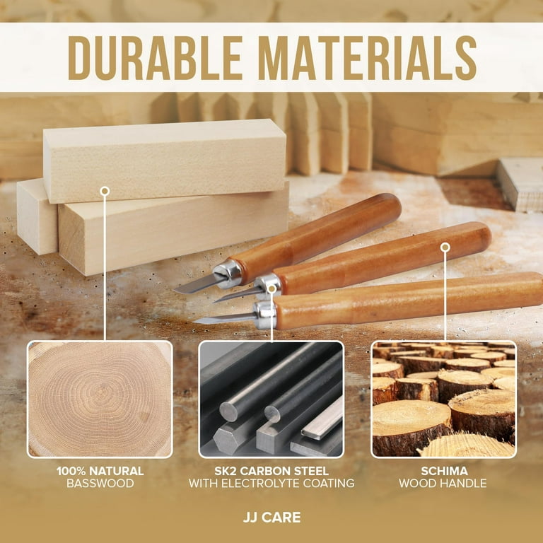 JJ CARE Premium Wood Carving Kit [Includes 10 Basswood Carving