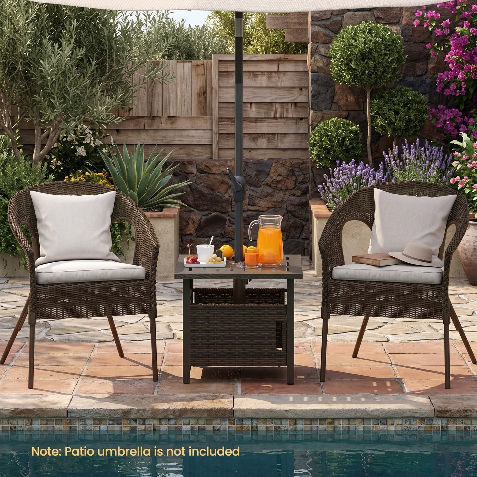 Furnibear Outdoor PE Wicker Patio Umbrella Side Table with 1.93 Inch Umbrella Hole for the Backyard and Poolside, Mix Brown