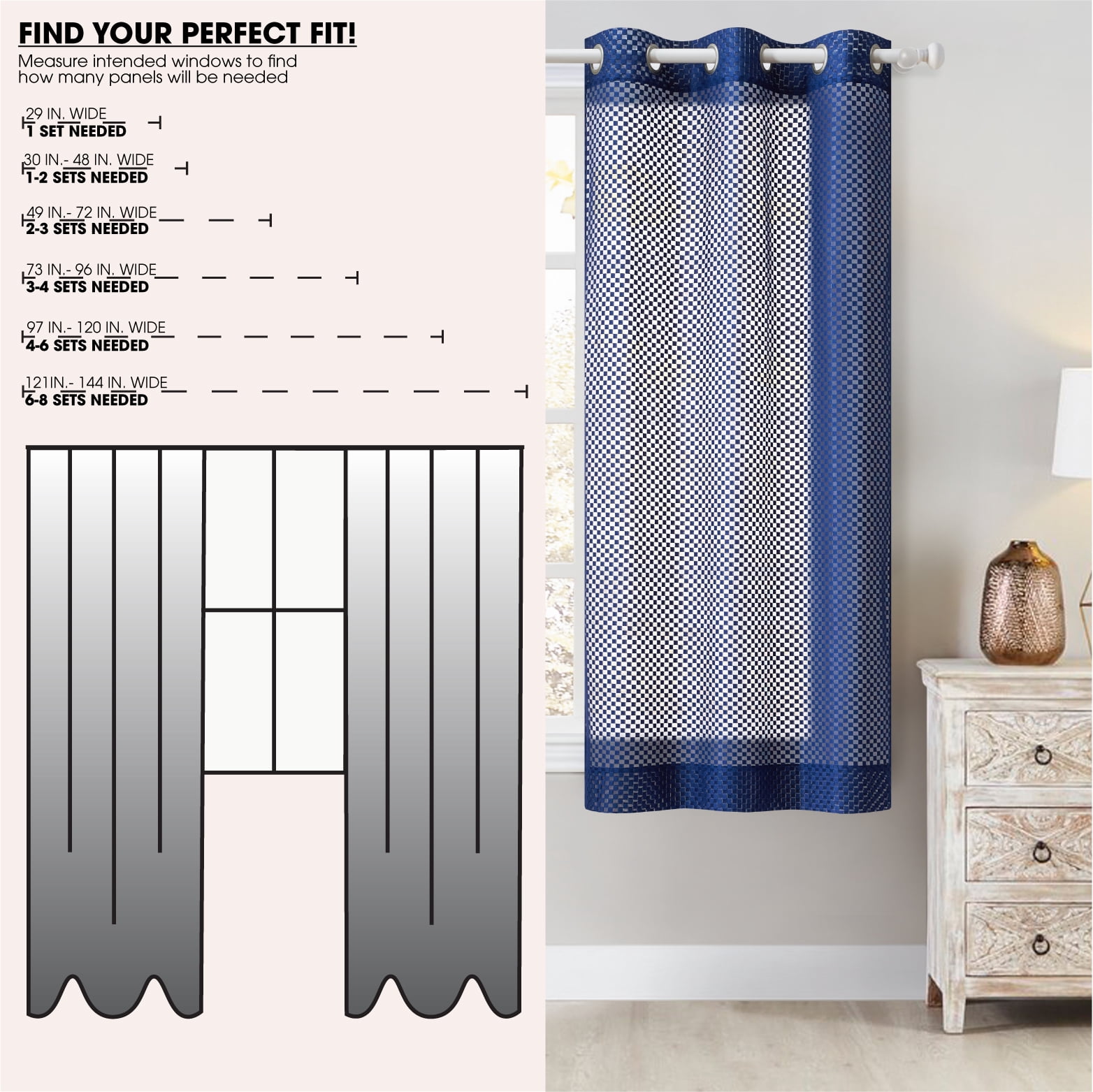 Urban Shop 38" x 63" Sheer Light-Filtering Single Curtain Panel, Navy Colorblock
