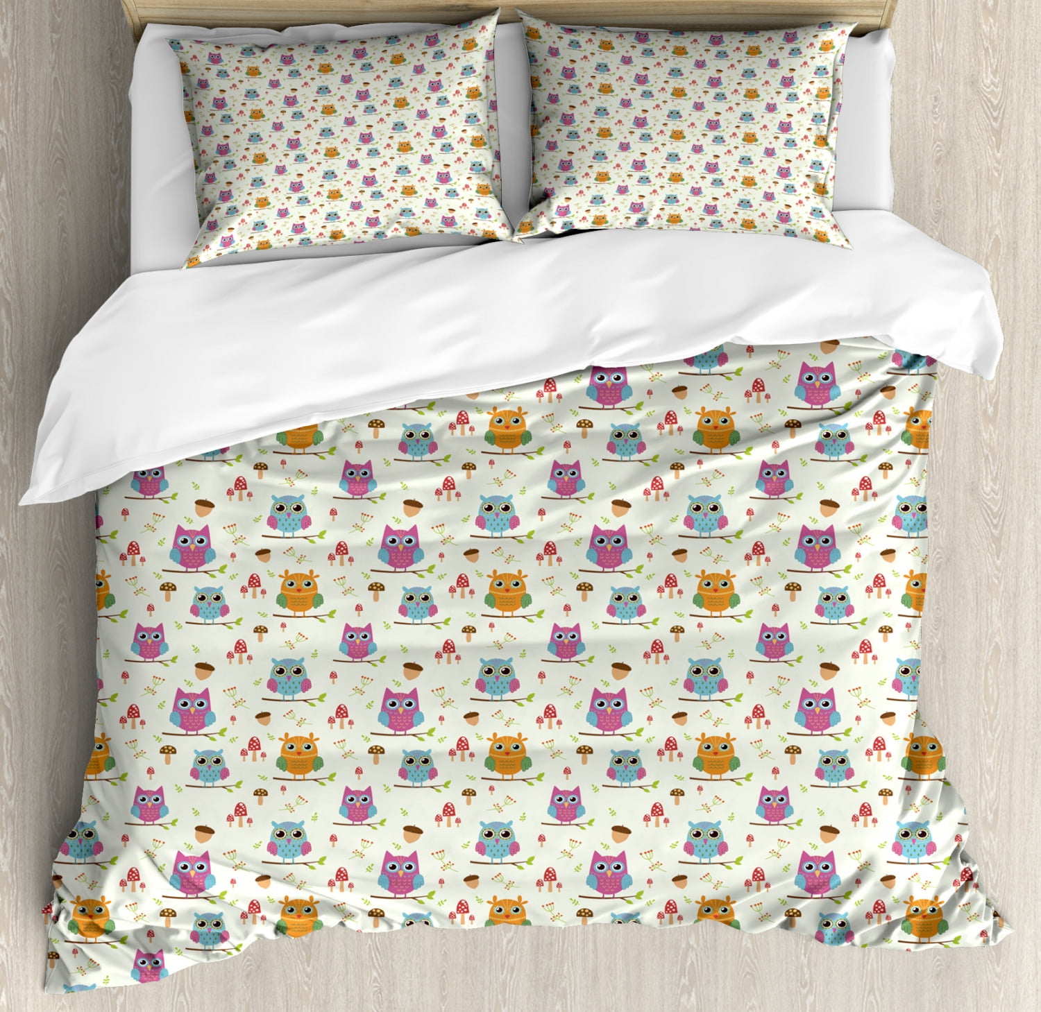 Owls Queen Size Duvet Cover Set Illustration Of Birds On Tiny