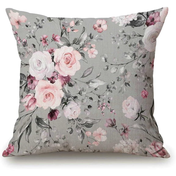 Floral Farmhouse Decor Family Decoration Gray and Pink Flowers Cotton Linen Home Decorative Throw Pillow Case Cushion Cover for Sofa Couch, 18 x 18 in