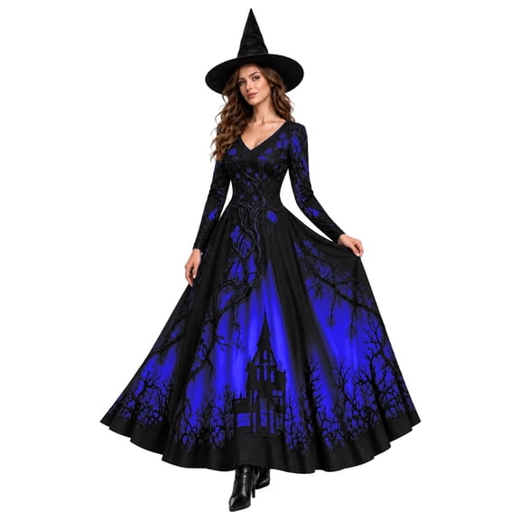 Womens Witch Dress Halloween Vintage Gothic Dresses Bell Sleeve Vampire Dress Renaissance Fairy Themed Outfit,L Blue