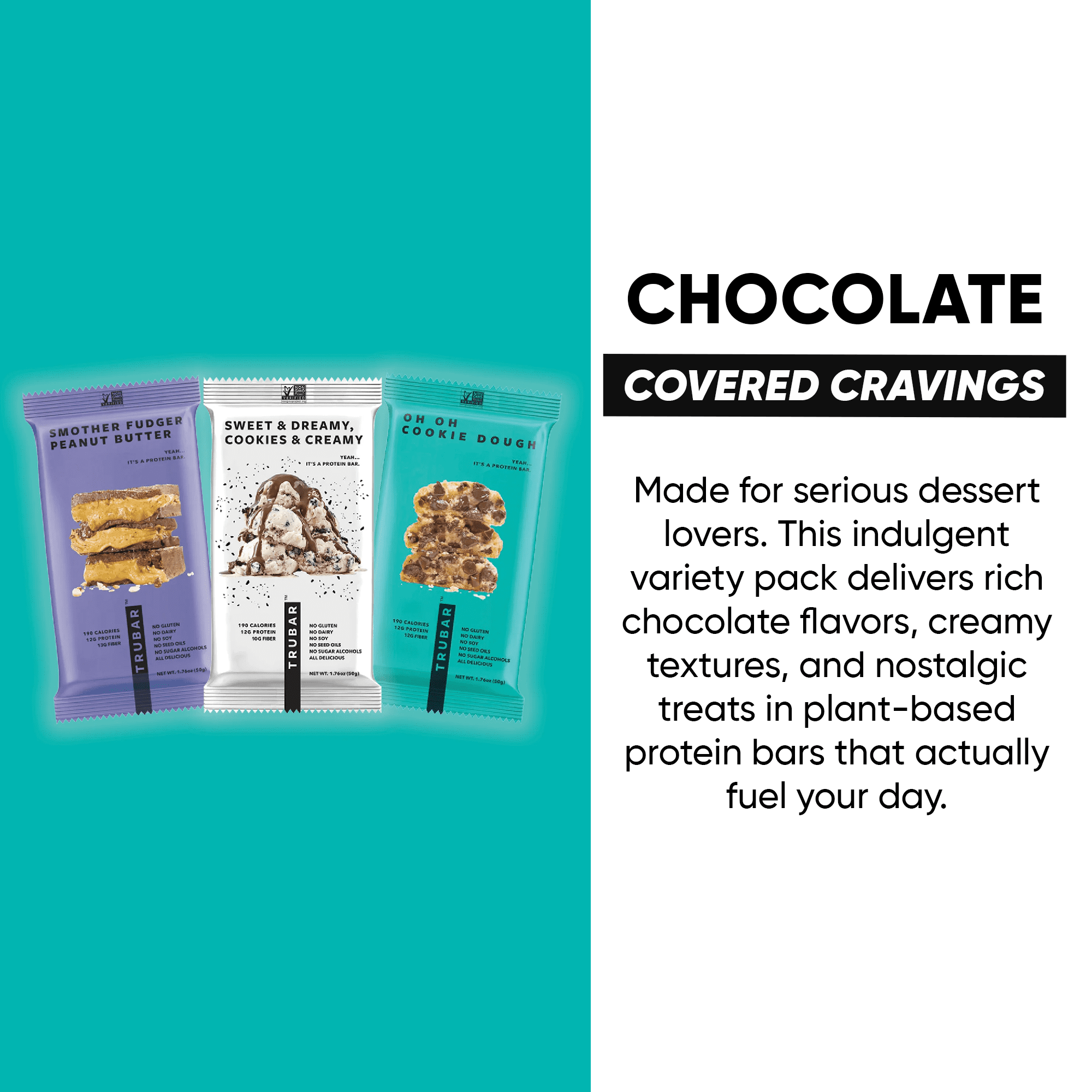 TRUBAR Protein Bar, Chocolate Covered Cravings Variety Pack, Plant Based Protein, Vegan, Gluten Free, Kosher, 12 Count