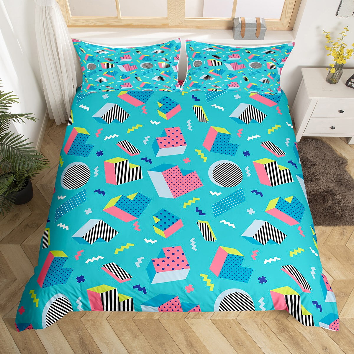 Memphis Duvet Cover Hipster Retro Bedding Set,80s and 90s Hip Hop Funky