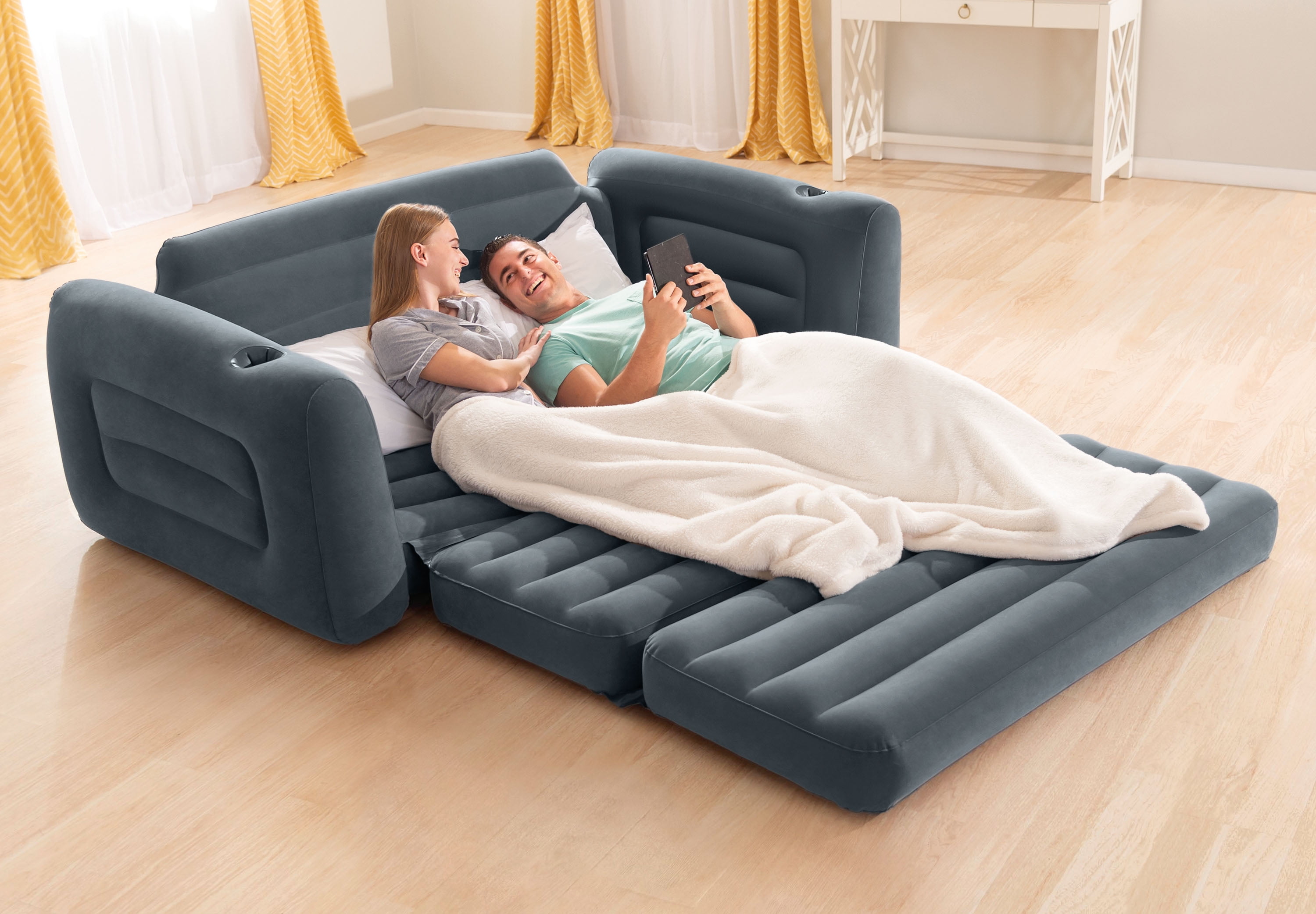 Intex Inflatable Pull Out Sofa Bed Sleep Away Futon Couch Queen Gray 2 Pack