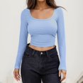 thumbnail image 2 of UJNDER Women's Long Sleeve Crop Tops Square Neck Solid Color Pullover for Casual Streetwear and Everyday Comfort Blue Blue, 2 of 5