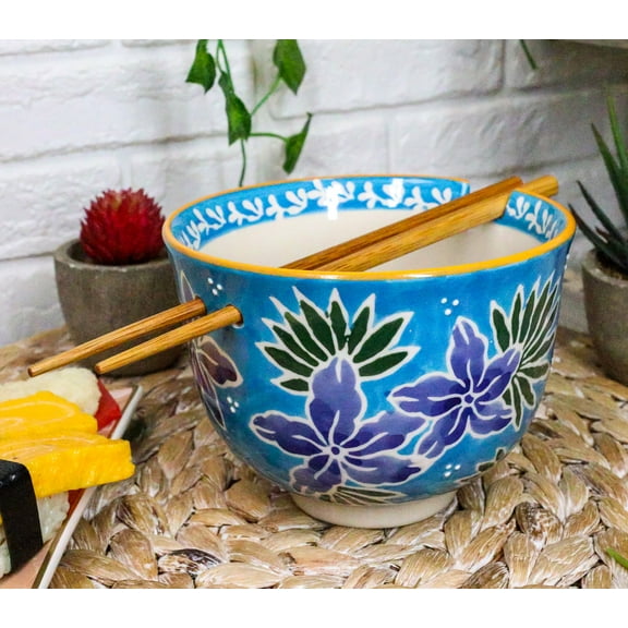 Ebros Pack Of 2 Blue Spring Flowers Ramen Noodles Soup Bowl W/ Bamboo Chopsticks