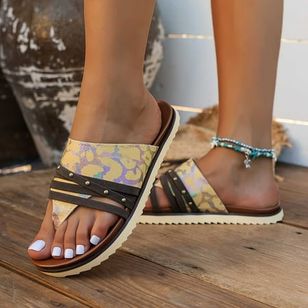 

AOOCHASLIY Independence Day Shoes Women s New Foreign Trade Plus-size Retro Strap Patchwork Color Clip Toe Miter Beach Slippers