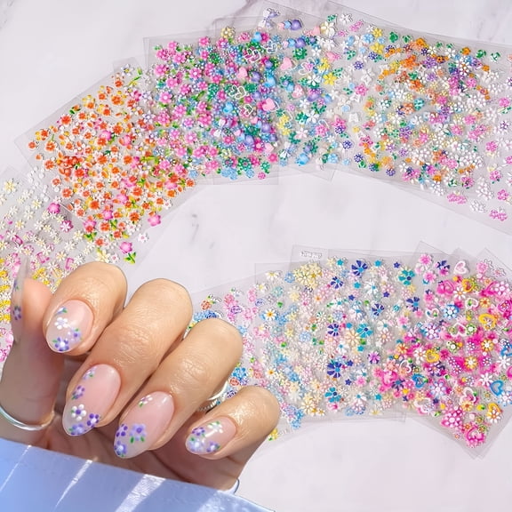 RAGUPEL 30 Sheets 3D Flower Nail Stickers, Self-Adhesive Daisy Floral Heart Decals, Colorful DIY Nail Art Charms for Women Girls, Acrylic Gel Manicure Supplies