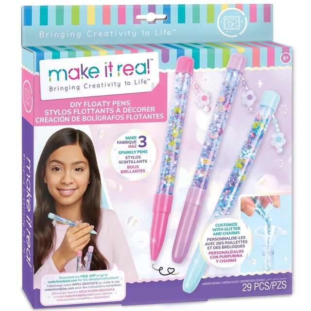 Kit de bolígrafos flotantes para bricolaje Make It Real Create, 3 bolígrafos con purpurina para mayores de 8