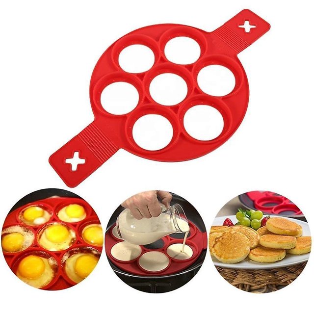 Paquete de 2 moldes de silicona para panqueques para huevos y tortillas, juego de 7 círculos (rojo)
