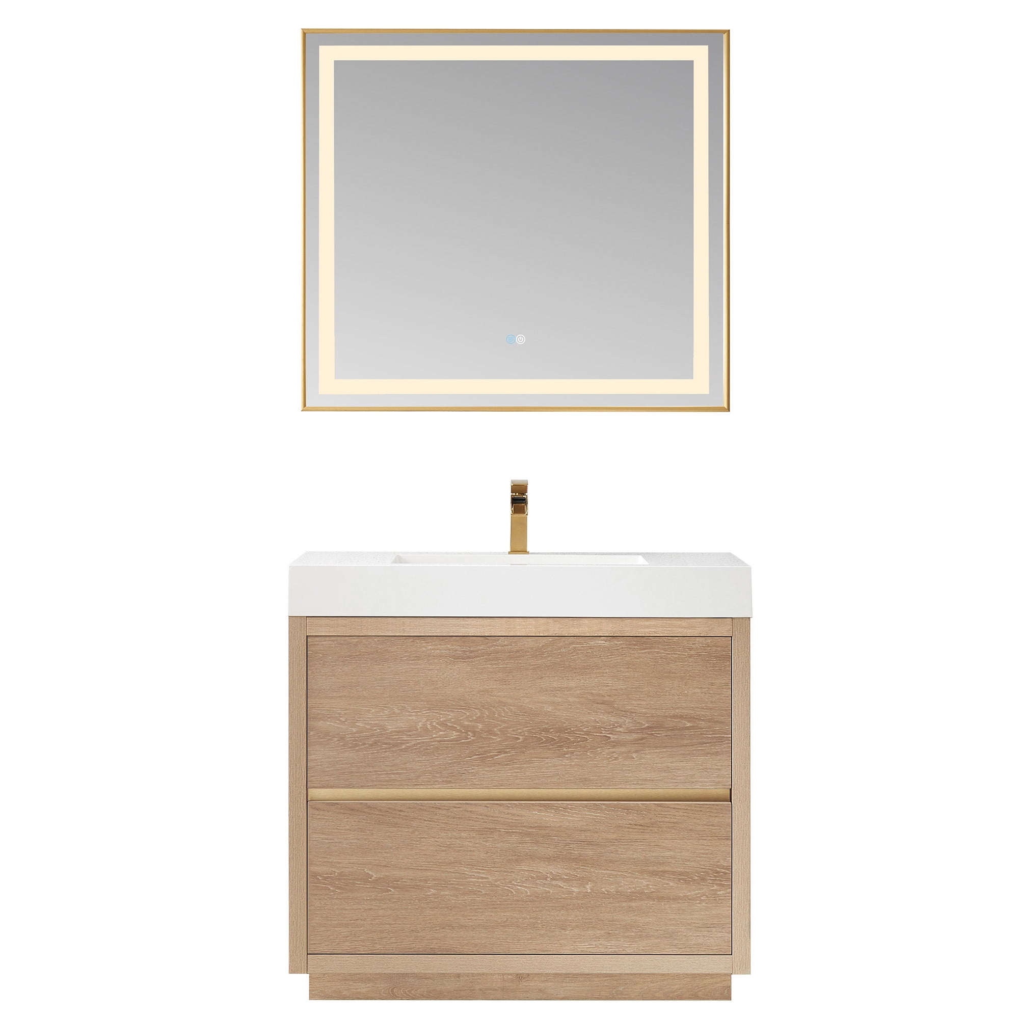 Huesca 36" Single Sink Bathroom Vanity Natural Oak Wood White Top With Mirror