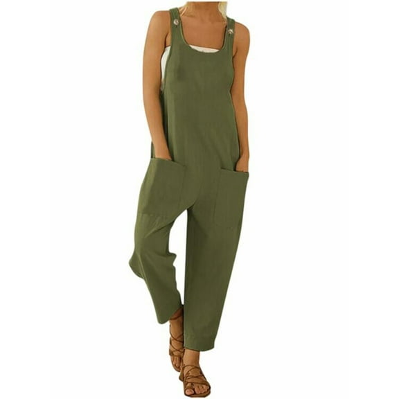FOCUSNORM Jumpsuits For Women, Solid Color U-shaped Collar Sleeveless Overalls with Pockets