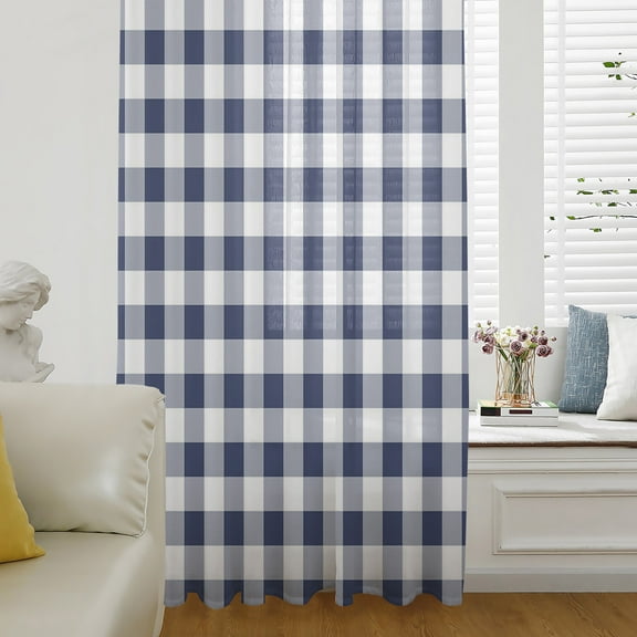 Navy Blue White Plaid Semi Sheer Curtains Drapes for Living Room, Bedroom, French Doors Window 54 Inches Long, Farmhouse Checkered Buffalo Rod Pocket Chiffon Curtain Drapery Voile Draperies Panel