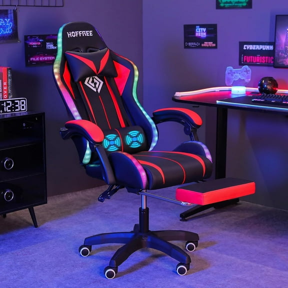 HOFFREE Gaming Chair with LED RGB Lights with Massage and Footrest Ergonomic Computer Chair High Back Video Game Chair with Adjustable Lumbar Support Linkage Armrest Red and Black