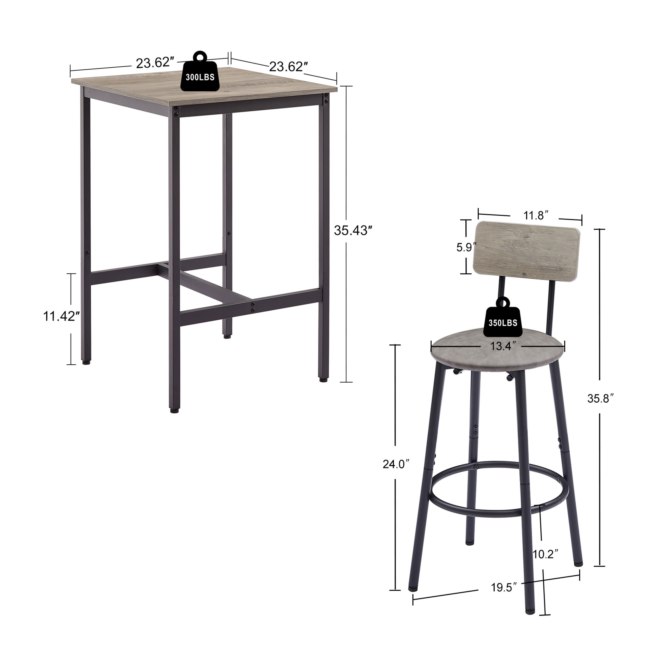 Noble House Industrial 3-Piece Bar Set, Space-Saving Square Pub Table with 2 PU Upholstered Stools, Grey