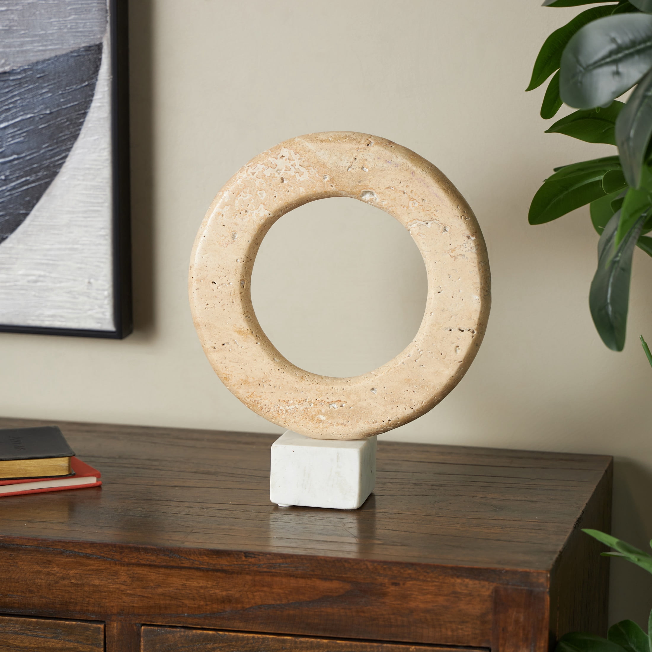 10" x 12" Cream Marble Ring Abstract Sculpture with White Base, by DecMode