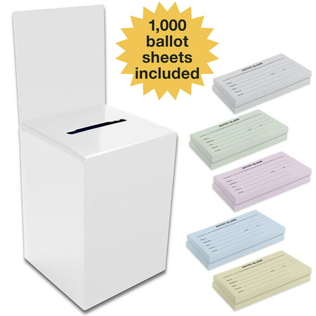 Large Ballot Box / Charity Box / Suggestion Box / Includes 1000 Entry Sheets / Use for raffles, lead generation, collecting business cards, voting, contests, suggestions (White)
